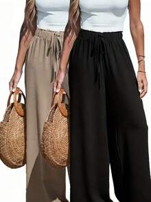 2 Piece Black Khaki Wide Leg Pants Set Women High Waist Elastic Drawstring Summer 2026 - 黑色+卡其色 - 查看 6