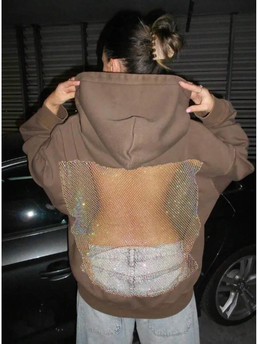 2026 Autumn-Winter New Women's Fashion Solid Color Backless Openwork Mesh Hooded Sweatshirt, Casual Fashion Long-Sleeved Sweatshirt, Christmas And Halloween Gift - 棕色 - 查看 1