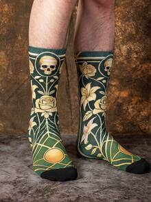 1/3 Pairs Dark Green Base + Gold Embossed Print Socks, Featuring Skull, Rose Floral, Geometric Retro Patterns, Rich Colors With Art Vibe, Novelty Crew Socks For Men, Summer Fashion - Multicolor - View 3