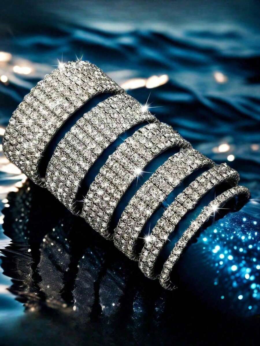 1条女士闪亮水晶弹力手链，优雅派对风格可调节手镯 - 銀白色 - 查看 1