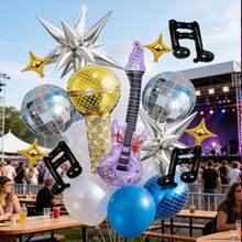 13pcs Electric Guitar, Microphone, Disco Ball, Musical Note, Exploding Star And Four-Pointed Star Balloons, Suitable For Birthday Party, Theme Party, Music Festival, Graduation Party, Back To School Celebration, Bachelorette Party - 1 YEAR - View 5