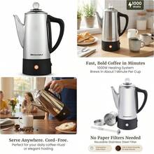 Elite Gourmet EC140 Percolador de café eléctrico de 6 tazas con mantener el calor perilla de progreso de cerveza transparente con mango de tacto frío sin cable servicio de acero inoxidable - Acero inoxidable - Ver 1