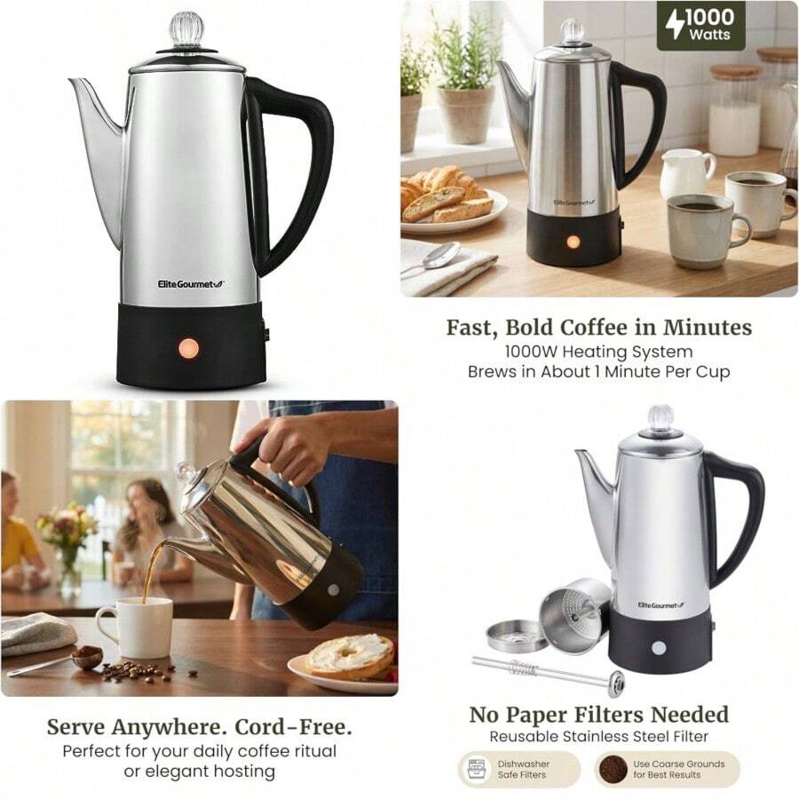 Elite Gourmet EC140 Percolador de café eléctrico de 6 tazas con mantener el calor perilla de progreso de cerveza transparente con mango de tacto frío sin cable servicio de acero inoxidable - Acero inoxidable - Ver 1