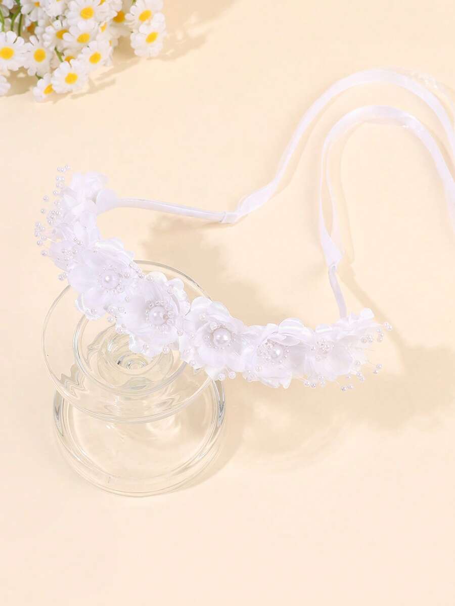 1件女孩用白色花環髮箍,優雅珍珠髮箍配長緞帶尾,度假/春季花朵髮飾,青少年婚禮派對髮飾 - 白色 - 查看 1