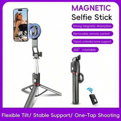 2026升级版可调节磁吸自拍杆三脚架（130厘米/51英寸），配备强力磁吸手机支架、可拆卸遥控器，小巧便捷。适用于Magsafe，360°旋转三脚架自拍杆，居家、旅行、博客和视频录制必备，兼容苹果/安卓手机。母亲节、春季生日礼物之选。