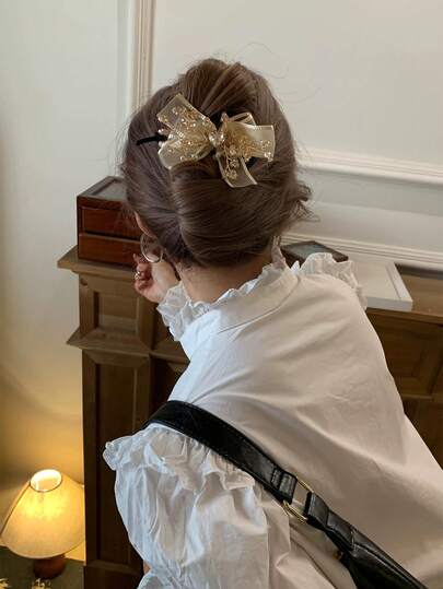 1件香槟色网纱蝴蝶结发箍，女士款，优雅水钻水晶装饰发箍，新娘婚礼舞会发饰