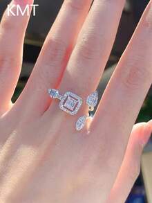 KMT 1 pieza Anillo abierto asimétrico en forma de gota de agua con incrustaciones de cúbico de circonio de cobre, joyería de lujo para vestido de noche, boda y fiesta, regalo para novia, mejor amiga, Día de San Valentín - estilo geométrico - Ver 2