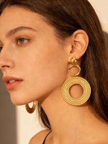YUNCHUN 1 Pair Golden Fashion Double Hoop Bohemian Style Unique Texture Retro Minimalist Luxury Metal Dangle Earrings, Suitable For Gatherings With Friends, Romantic Festivals, Dates, Street Style, Celebrity Events, Great Gift For Valentine's Day, Mother's Day, Girlfriend - Gold - View 2