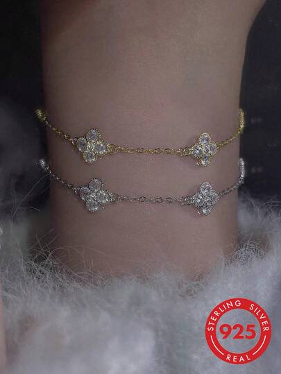 1 chiếc vòng tay hình cỏ bốn lá tinh tế, thanh lịch bằng bạc Sterling 925, trang sức cao cấp dành cho nữ, quà tặng dự tiệc, quà sinh nhật, hoặc đeo hàng ngày.