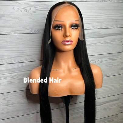 200% Density Human Blended Hair Straight Lace Front Wigs Blended Hair 34 Inch 13x4 HD Transparent Straight Lace Frontal Wig Natural Black Straight Lace Wig Pre Plucked Natural Hairline With Baby Hair