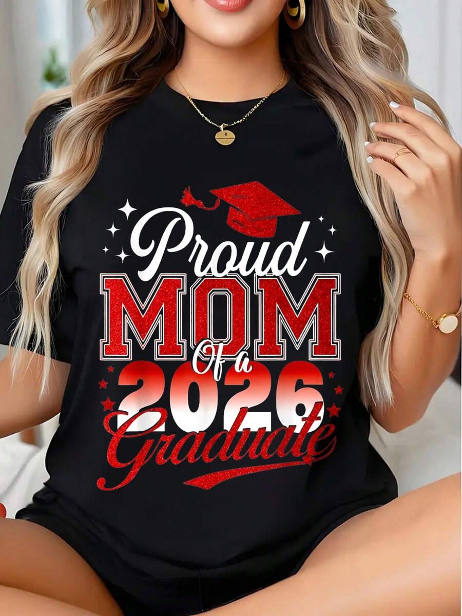 Proud Mom Of A 2026 Graduate Graduation Celebration Shirt For Mother Of Graduate Family Event Wear, 220g - 黑色 - 查看 1