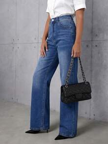 女士渐变色口袋休闲时尚直筒牛仔裤 春季款 - 藍色 - 查看 5