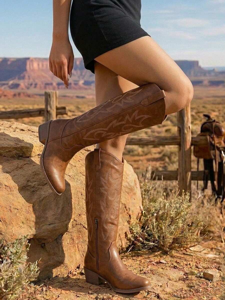 Comfyshoes Women's Embroided Cowboy Boots, Square Toe Knee High Western Boots - màu nâu - Xem 1