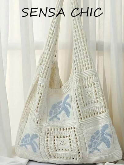 这款全新多巴胺色针织包采用复古镂空编织图案，设计独特，容量大，是一款实用单肩包。深蓝色搭配海龟图案，完美契合女性气质。镂空设计使其适用于各种场合，例如派对、旅行和商务出行。