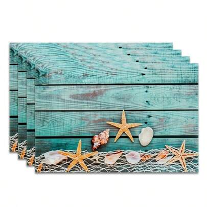 4 tấm lót bàn hình sao biển màu xanh dương, làm bằng gỗ, thích hợp trang trí nhà hàng, sử dụng tại nhà, phòng ăn, cắm trại và tiệc tùng.