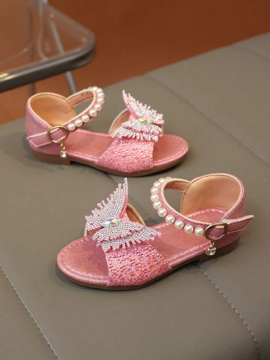 2026 New Girls Glitter Butterfly + Pearl Embellished Glossy Leather Platform Open Toe Hook And Loop Princess Style Children Flat Sandals, Suitable For Daily Wear/Party - Pink - View 1