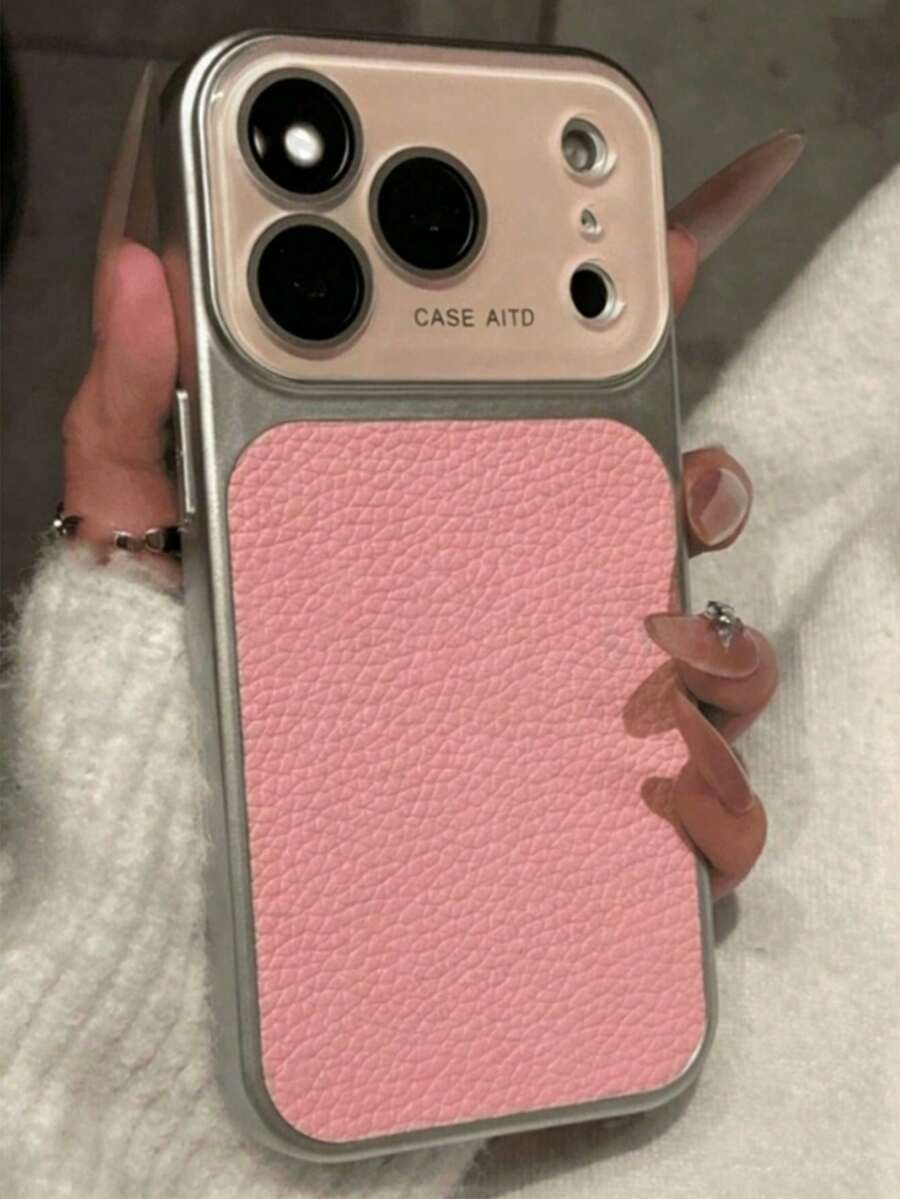 Luxury Embossed Leather Texture Pink Large Window Phone Case, Compatible With IPhone 17 17 Pro Max, 17 Pro, 17, 16 Pro Max, 16 Pro, 15 Pro Max, 15 Pro, 13 Pro Max, 14 Pro, 16, 15, 14, 13, Lens Protection, Shock-Proof Back Cover - Pink - View 1