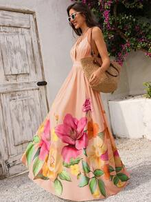 Women's Casual Vacation Dress, With Print And Backless Design, Elegant And Stylish, Halter Neck Style With A Full Skirt. - 香檳色 - 查看 3