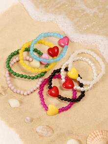 1pc Bohemian Glass Beaded Heart Charm Elastic Bracelet, Suitable For Holidays & Summer Vacation - Handmade Beaded Glass Heart Bracelet - View 2