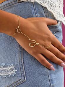 1 pieza Elegante anillo-pulsera de cobre con incrustaciones de strass con forma de serpiente, adecuado para fiestas, reuniones, citas y combinación con atuendos diarios - Dorado - Ver 4