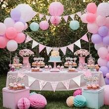 D32ft Pink Bow Triangle Bunting Banner Floral Baby Shower Banners 36 Pcs Cotton Fabric Gingham Flags Pennant Garlands Pink White For Birthday Party Wedding Baby Shower Outdoor Home Decorations - 粉紅色和白色 - 查看 6