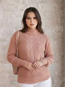 Women's Cold Temperature Sweater High Neck Wool Puff Sleeve Knitted Tricot Braids - Beige - View 4