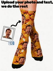 1 Pair Personalized Photo & Text Printed Cotton Mid-Calf Socks, Unisex Creative Funny Socks, Suitable For Birthday Party Gifts - Multicolor - View 1