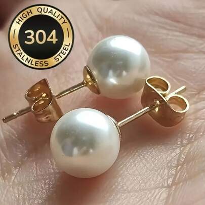 1 Đôi bông tai đinh tán bằng thép không gỉ mạ vàng 18K với hạt giả màu trắng, bông tai hạt tròn nhân tạo thanh lịch, thép không gỉ 304 ít gây dị ứng, hoàn hảo cho trang phục thường ngày và là phụ kiện đa năng.