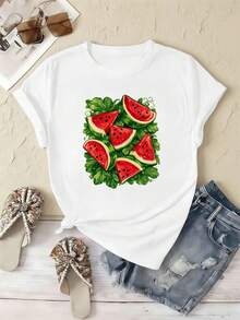 T-shirt estiva casual con stampa anguria, 100% cotone, girocollo, vestibilità ampia, comoda, stampa grafica unica - Bianco - Visualizzare 2