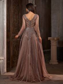 Women's V-Neck Long Sleeve A-Line Dress With Mesh, Sequins And Embroidery, Suitable For Parties Wedding - Brown - View 3