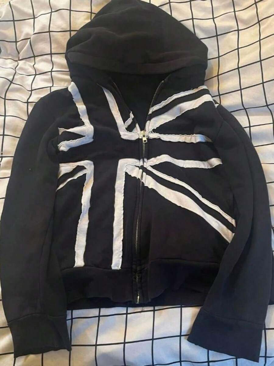 Y2k Long-Sleeved Pullover Zipper Printed Patch Sweatshirt Hoodie Punk Dark Street Wear Hip-Hop - Black - View 1