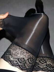 1 đôi tất dài đến đùi màu đen bóng, chất liệu ren xuyên thấu, kiểu dáng gợi cảm, thích hợp cho tiệc tùng và mặc hàng ngày. - Nhiều màu - Xem 2