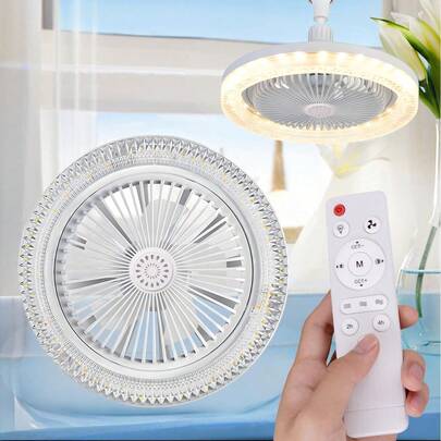 五叶十英寸LED吊扇灯，360°灵活旋转，遥控器控制，香薰功能，升级水晶面罩，色温、亮度、风速均可调节，定时功能，适用于卧室、客厅和书房。