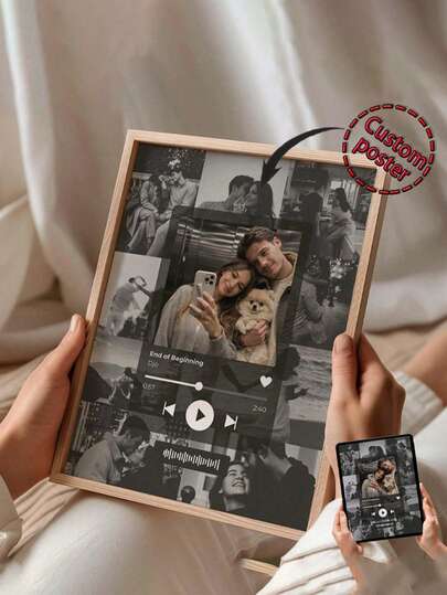 1pc Customizable Music Poster Canvas Template, Our Song Photo Collage As Celebration Gift, Room Decor, Customized Wall Art, Personalized Photos, Customizable Product, Frame Optional