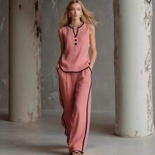 Women's 2026 Spring/Summer New Button Sleeveless Fashion Casual Two-Piece Suit - trắng - Xem 2