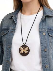 1 pieza Collar con colgante de mariposa de madera con efecto de goteo de color de moda para mujer, joyería de mariposa hueca con incrustaciones de diamante de imitación, regalo para la novia, accesorio diario - Plato redondo - Ver 7