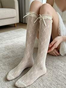 1双白色蕾丝蝴蝶结及膝袜，薄款透明玛丽珍款式，适合夏季穿着 - 彩色 - 查看 1
