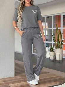 Women's New Spring/Summer Round Neck Short Sleeve Heart Print T-Shirt And Elastic Waist Loose Pants 2-Piece Set Elegant - Grey - View 5