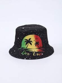 Mũ tai bèo nam hai mặt in kỹ thuật số hình cây cọ và chữ "One Love", phù hợp cho mọi mùa và sử dụng hàng ngày. - A - Xem 2