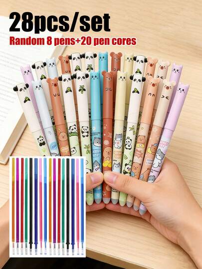 28支装动物造型可擦圆珠笔套装，熊猫和水豚造型，多种款式，高品质舒适笔杆，彩色墨水，书写流畅，内置橡皮擦，易擦圆珠笔，学生奖品笔