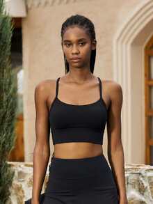 UONNOU 一件式Y型后背可拆卸衬垫运动文胸，性感露背塑形健身背心，春夏款 - 黑色 - 查看 4