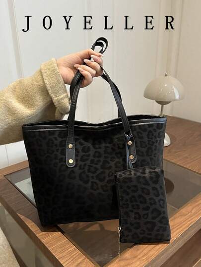 Bolso de mano de estilo minimalista con parches y estampado de leopardo falso, decoración con hebilla de color contrastante, set de 2 piezas de gran capacidad y versátil, bolso bandolera, adecuado para uso diario, compras, todo el año, opción práctica y de estilo minimalista para mujeres