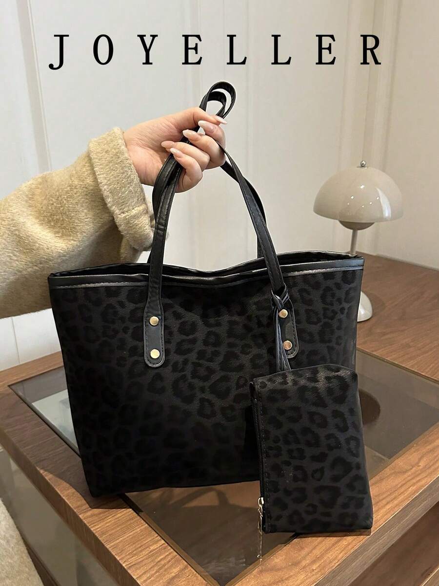Bolso de mano de estilo minimalista con parches y estampado de leopardo falso, decoración con hebilla de color contrastante, set de 2 piezas de gran capacidad y versátil, bolso bandolera, adecuado para uso diario, compras, todo el año, opción práctica y de estilo minimalista para mujeres