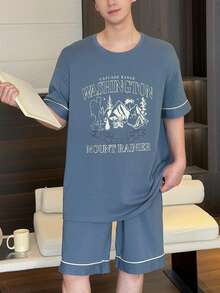 两件套藏蓝色休闲短袖短裤睡衣套装，适合夏季穿着 - 藏蓝色 - 查看 5