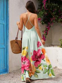 Women's Casual Vacation Dress, With Print And Backless Design, Elegant And Stylish, Halter Neck Style With A Full Skirt. - 薄荷綠 - 查看 3