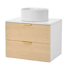 60cm Wall-Hung Bathroom Vanity Unit With Round Ceramic Sink, Drawer Fronts With Wood Look And Simple Stripe Design, High Quality MDF Board, Large Storage Capacity: 2 Drawers + Countertop. - Wood Color - View 7