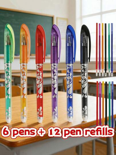 Bộ 18 bút bi gel nhiều màu có thể xóa được, 6 màu mực, viết trơn tru, thiết kế vân gốm, thích hợp cho việc viết, học tập, thi cử, vẽ, văn phòng và các mục đích sử dụng văn phòng phẩm khác.