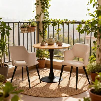 Meubles Cosy 3-teiliges Terrassen-Set: runder MDF-Tisch mit Holzoptik und pulverbeschichtetem Stahlgestell sowie 2 Metallstühle mit beigefarbenem Stoffbezug – Moderne Bistro-Möbel für den Außenbereich