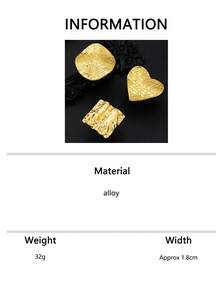 3件套纹理可调节金色戒指套装，时尚个性化金属铭牌夸张纹理图案简约设计百搭戒指 - 金黃色 - 查看 8