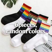 Random 1/3/6/12 Pairs Rainbow Socks, Colorful Striped Casual Mid-Calf Socks, Summer Socks For Women - Multicolor - View 10